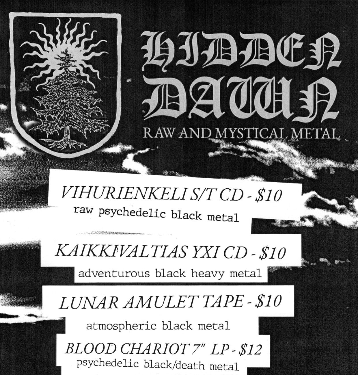 Hidden Dawn merch flyer: the label emblem and blackletter wordmark over a cloudy sky, listing Vihurienkeli S/T CD $10, Kaikkivaltias YXI CD $10, Lunar Amulet tape $10, and Blood Chariot 7-inch LP $12